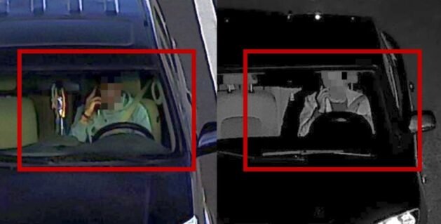 Infracción de tráfico por usar teléfono móvil Ejemplos de conductores usando el teléfono móvil. Caras pixeladas.